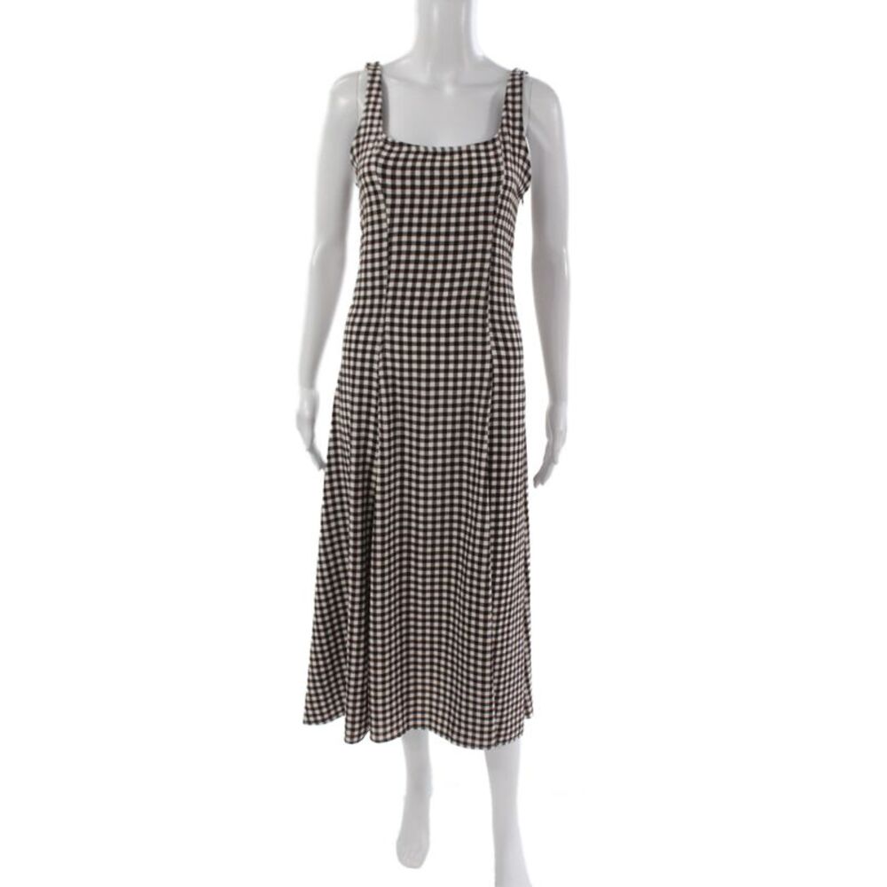 Zara Womens A-Line Gingham Midi Dress Brown Square Neck Sleeveless Zip Size M - Picture 1 of 5